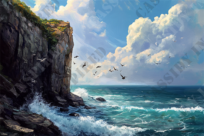 Dramatic Coastal Cliffside - This stunning seascape painting depicts a dramatic coastal cliff with birds soaring in the sky above. The cliff face is rugged and steep, covered with patches of greenery at the top. Waves crash against the rocky shore below, sending sprays of water into the air. The ocean is depicted in various shades of blue and turquoise, with white foam forming where the waves break. The sky is filled with dynamic clouds, offering a sense of depth and movement. Keywords: seascape painting, coastal cliff, soaring birds, rugged cliff face, crashing waves, rocky shore, ocean blues, turquoise water, foamy waves, dynamic clouds.