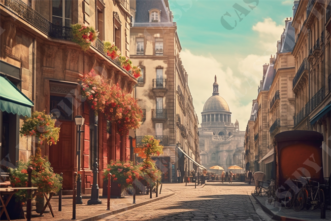 Dream City Morning - This evocative image captures the quaint charm and historic elegance of a typical Parisian street, leading the viewer's eye towards the iconic Panthéon in the background. Lined with classic Parisian architecture, the cobblestone street is adorned with vibrant, flowering plants spilling from wrought-iron balconies and street-side planters. A serene, sunny day casts soft light across the façades of the stone buildings and illuminates the dome of the Panthéon, enhancing its grandeur. Small cafes and shops with colorful awnings contribute to the lively, yet relaxed atmosphere. Communal bikes and a vintage delivery cart parked along the side add a touch of everyday Parisian life to the scene. This picturesque setting is not only a testament to Paris's enduring charm but also showcases elements like architecture, tourism, travel, European culture, urban beauty, historical landmarks, and cityscape—keywords that are vital for search optimization related to travel and culture in Paris. The image seamlessly blends the city's rich history with its vibrant present, making it an ideal portrayal for anyone interested in the romance and allure of French urban life.