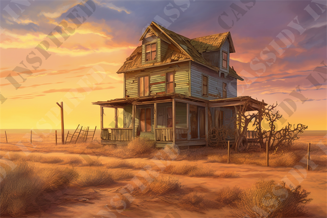 Dustbowl Dream - This evocative image captures a dilapidated two-story farmhouse set in a deserted landscape during a stunning sunset. The farmhouse, showing signs of neglect, features peeling paint, broken windows, and a sagging porch, emanating an air of abandonment and decay. Surrounding the house are sparse, dry grass and a broken fence, enhancing the feel of solitude and desolation. The background is dominated by a dramatic sky with clouds illuminated by the warm hues of the setting sun, transitioning from golden yellow to deep orange and subtle pink.

The setting sun casts a soft, golden light on the scene, highlighting textures and adding a melancholic beauty to the overall desolation. No signs of human presence are visible, contributing to the eerie and haunting atmosphere. This image serves as a compelling representation of themes such as abandonment, the passage of time, and the enduring beauty of nature in reclaiming man-made structures.

Keywords relevant for SEO might include: deserted farmhouse, abandoned house, sunset, desolation, decay, dilapidated building, rural landscape, dramatic sky, golden hour, solitude, haunting beauty, and the passage of time. This descriptive and keyword-rich content succinctly portrays the artistic and emotive essence of the image, making it accessible and engaging for a diverse online audience.