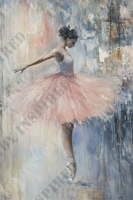 Elegant Ballerina - This image depicts an elegant ballerina captured mid-pose on her toes, donning a delicate pink tutu and white leotard in an impressionistic style. The background features abstract brush strokes in shades of blue, white, and muted pink, enhancing the ethereal and artistic atmosphere. The ballerina's graceful posture and outstretched arms convey a sense of poise and concentration. This painting exudes a sense of movement and balance, showcasing the dancer's strength and elegance. Keywords: ballerina, pink tutu, ballet, impressionist painting, dance art, abstract background, grace, poise, elegance, artistic expression, delicate, mid-pose ballerina, white leotard, ethereal, movement, balance, impressionism, brush strokes, abstract art, pastel colors.