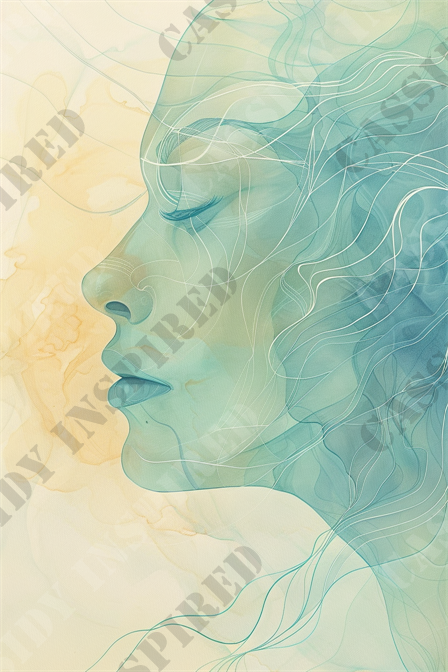 Elegant Feminine Profile - The image depicts a serene, watercolor-based portrait of a woman in profile, with her eyes closed and her face angled slightly upward. The color palette consists of soft blues, greens, and light yellows, creating a calming and tranquil atmosphere. Delicate white lines intertwine with the watercolor hues, adding an ethereal and flowing quality to the artwork. The interplay of colors and lines gives the impression of serenity, peace, and introspection. Keywords: watercolor portrait, woman profile, serene, calming artwork, blues and greens, soft colors, tranquil atmosphere, delicate white lines, ethereal, flowing quality, introspective art, fine art, peaceful imagery, soothing painting, contemporary art, minimalist design.