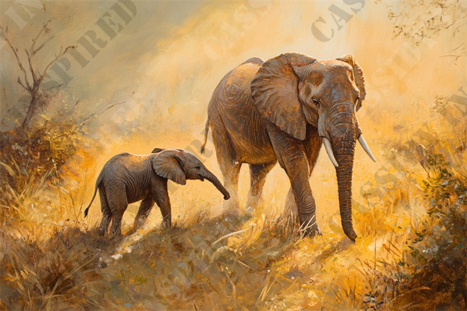 Elephant Savannah Stroll - The image features a beautiful painting of a mother elephant and her calf walking through a sunlit savannah. The adult elephant, with large, textured ears, and tusks, leads the way while the smaller baby elephant closely follows. The golden light of the setting or rising sun casts a warm glow over the scene, highlighting the lush grasses and sparse trees in the background. The serene and majestic atmosphere captures the essence of wildlife, nature, and the bond between the animals. Prominent keywords for SEO would include: elephant, elephant calf, mother elephant, wildlife painting, savannah, sunlit, nature scene, wildlife art, baby elephant, sunset light, African landscape, animal bond, nature painting, and majestic elephants.