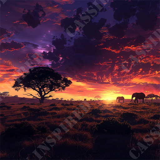 Elephant Serene Sunset - This breathtaking image captures a serene sunset on the African savanna, saturated with vibrant hues that paint a vivid tableau. The sky, a dramatic canvas, showcases an intricate display of clouds tinged with shades of deep purple, fiery orange, and soft pink, setting the backdrop for a tranquil scene below. Dominating the foreground is a lone, majestic tree, its intricate silhouette stark against the glowing sky. Beneath its sprawling branches, the grassy plains, bathed in the orange glow of the sunset, provide a natural habitat for a small herd of elephants roaming peacefully.

These gentle giants, depicted with grace and serenity, add a dynamic element to the tranquil landscape. The distant horizon is dotted with sparse trees and vegetation, which add depth and detail to the panoramic view. This image is a powerful representation of nature's quiet beauty and the vast, open wilderness of the savanna.

Keywords for SEO might include: African savanna, sunset, vibrant hues, dramatic sky, purple clouds, orange sky, pink clouds, lone tree, silhouette, grazing elephants, tranquil scene, grassy plains, natural habitat, panoramic view, open wilderness, gentle giants, serene landscape, majestic tree, fiery sky, tranquil sunset.