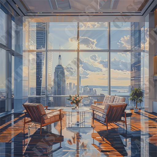 Empire View - The image depicts a luxurious, modern living room with floor-to-ceiling glass windows providing a breathtaking view of a city's skyline, including a prominently featured skyscraper. The room is elegantly furnished with plush, cream-colored armchairs and a matching sofa arranged around a glass coffee table adorned with a vibrant bouquet of flowers. The polished wooden flooring reflects the sunlight streaming through the windows, creating a warm and inviting atmosphere. A potted plant in the right corner adds a touch of nature to the sophisticated interior design. Keywords: modern living room, luxurious, glass windows, city skyline, skyscraper, plush armchairs, cream sofa, glass coffee table, bouquet of flowers, polished wooden floor, sunlight, inviting atmosphere, potted plant, interior design.