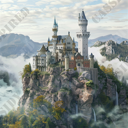 Enchanted Castle in the Clouds - This captivating image features a magnificent castle perched atop a rugged cliff surrounded by a sea of clouds, evoking a sense of mystique and grandeur. The castle, a blend of various architectural styles, boasts multiple spires, towers, and turrets, some of which are crowned with pointed blue roofs indicative of fairy tale influences. Below the main structure, rocky terrains are softened by patches of autumn-colored trees and a pair of cascading waterfalls that add a serene dynamism to the scene. The backdrop comprises distant rolling hills and a gentle skyline, enhancing the overall picturesque quality of the setting.

This stunning scene is perfect for enthusiasts of medieval architecture, fairy tale landscapes, and nature panoramas. The image masterfully combines elements of fantasy and reality, making it ideal for use in visual storytelling, themed art projects, or as an inspirational backdrop for creative works. Key visual elements include the castle, cliff, clouds, waterfalls, autumn trees, spires, turrets, blue roofs, rolling hills, and picturesque setting, which are all potent keywords for search engine optimization focused on medieval or fantasy-themed content. This description aims to capture the essence of the image while optimizing visibility for those seeking breathtaking castle imagery or inspiration for fantastical landscape designs.