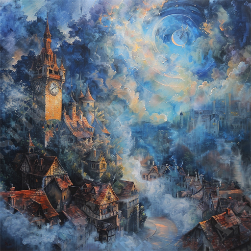 Enchanted Clock Tower - This enchanting painting portrays a fantastical village under a moonlit sky, showcasing a majestic clocktower with a striking clock face at its center. The village houses, adorned with rustic, red-tiled roofs, are nestled among billowing mist that lends an air of mystique to the scene. The sky above is swirling with clouds, illuminated by a luminous crescent moon and surrounded by dreamlike celestial patterns, creating a magical ambiance. The blend of twilight colors gives the entire landscape a surreal and ethereal quality. Keywords pertinent to this image include fantasy village, moonlit sky, clocktower, mystical mist, celestial patterns, surreal landscape, rustic houses, red-tiled roofs, enchanted scenery, twilight colors, and ethereal ambiance.