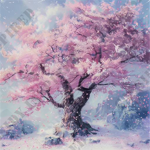 Enchanting Cherry Blossom - The image depicts a stunning, ethereal landscape dominated by a large, blooming cherry blossom tree. The tree's branches are laden with delicate pink flowers, and petals gently cascade to the ground, creating a sense of movement. Surrounding the tree is a serene, snow-covered landscape with scattered rocks, adding to the scene’s dreamlike quality. Soft rays of sunlight filter through the clouds, casting a gentle glow over the entire setting. The backdrop features distant mountains shrouded in a subtle mist, enhancing the tranquil ambiance. Keywords: cherry blossom, blooming tree, ethereal landscape, pink flowers, cascading petals, snow-covered landscape, rocks, sunlight, serene setting, misty mountains.