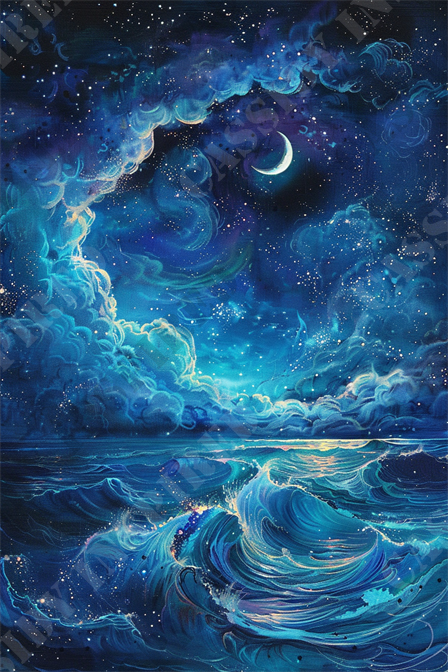 Enchanting Night Sky - The image captures a stunning, surreal night sky over an expansive ocean. Predominantly in shades of blue and teal, the scene showcases swirling clouds filled with twinkling stars and a prominent crescent moon. The ocean's waves are vividly depicted with dynamic, flowing lines and a reflective surface that mirrors the celestial display above. The contrast between the dark, starry night and the illuminated waves creates a mystical, dreamlike atmosphere. This artwork seamlessly blends elements of celestial and marine beauty, invoking a sense of serenity and wonder.

Keywords: surreal night sky, ocean artwork, blue shades, swirling clouds, twinkling stars, crescent moon, dynamic waves, reflective surface, celestial display, mystical atmosphere, marine beauty, dreamlike scenery, serene ocean, night seascape, artistic illustration.