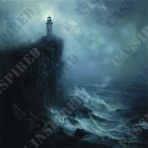 Enduring Lighthouse - This image portrays a lighthouse perched on a rugged cliff overlooking a stormy sea, enveloped in dark, moody tones. The lighthouse stands resolute amid the turbulent waters, with waves crashing dramatically against the rocky coastline. Heavy clouds hover overhead, accentuating the sense of an impending storm and creating a misty, eerie atmosphere. The scene evokes a feeling of isolation and resilience, symbolized by the lighthouse guiding ships through the treacherous conditions. Keywords: lighthouse, cliff, stormy sea, dark tones, rugged coastline, crashing waves, heavy clouds, misty atmosphere, isolation, resilience.