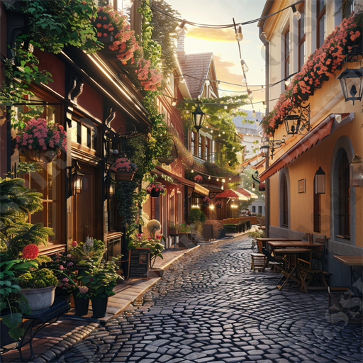 European Cobblestone Charm - This picturesque image captures a charming, narrow cobblestone street bathed in the warm glow of a setting sun, likely situated in a quaint European village. The street is flanked on both sides by traditional wooden-framed buildings boasting vibrant hues of yellows and creams. Each building is adorned with lush, overflowing flower baskets and creeping ivy, injecting a lively burst of pinks and reds into the scene. 

String lights crisscross above the street, contributing to the enchanting ambiance, while well-placed street lamps stand ready to illuminate the night. Several cafes and restaurants line the pathway, their outdoor seating areas inviting passersby to relax and enjoy the serene environment. Each establishment displays enticing menus on chalkboard signs, propped open by the sidewalks bustling with potted plants and verdant foliage.

On the ground, the intricate cobblestone paving adds historical charm and texture to the scene, suggesting the area's rich heritage and long-standing architecture. The scene is devoid of people, creating a peaceful, almost magical feel to the place, undisturbed yet inviting.

Keywords for SEO might include: European village, cobblestone street, sunset, traditional wooden buildings, flower baskets, string lights, charming cafes, historical architecture, lush greenery, tranquil ambiance.