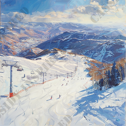 Exhilarating Ski Descent - This vibrant painting captures the exhilarating scene of a bustling ski resort on a clear, sunny day in the mountains. The foreground features skiers and snowboarders carving through the pristine white snow on a broad, well-groomed ski slope. Ski lifts on the left carry excited visitors up the mountain, while to the right, a line of bare, snow-dusted trees provide a stark contrast to the snowy landscape. In the background, expansive mountain ranges stretch into the distance under a sky filled with dynamic clouds. The combination of lively skiers, scenic lifts, and majestic mountain views encapsulates the thrilling experience of alpine skiing in a winter wonderland. Keywords: skiing, ski resort, snowboarders, mountain, snow, ski lift, winter, painting, landscape, scenic, vacation.