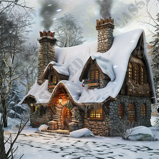 Fairy Tale Winter Cabin - This enchanting winter scene features a picturesque stone cottage nestled in a serene, snow-covered landscape. The house, resplendent with thick layers of fresh snow atop its deeply sloped roofs, exudes a warm, inviting glow from windows adorned with festive holiday decorations. Smoke gracefully billows from the stone chimneys, suggesting a cozy fire within. Surrounding the cottage are tall, bare trees and a blanket of pristine, untouched snow that enhances the quiet beauty of this winter wonderland.

Key elements such as the illuminated windows, the detailed masonry of the cottage, and the subtle shimmer of snowflakes in the air add to the magical atmosphere. Decorative wreaths and a wooden front door emphasize the home's rustic charm, while soft lights seem to twinkle through the dusk, creating a tranquil, almost storybook setting.

This image is perfect for those seeking visuals related to keywords like winter cottage, snowy landscape, festive decoration, stone house, cozy winter setting, holiday home decor, serene snow scene, enchanted winter house, rustic charm, and tranquil winter evening. These elements combine to make this image an ideal depiction of a peaceful, festive winter retreat, perfect for any holiday or seasonal theme.