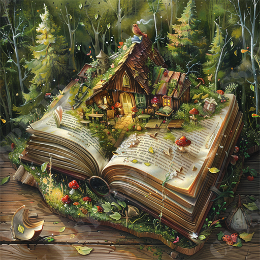 Fairy-Tale Manifestation - In this enchanting and detailed illustration, an open storybook seems to magically transform into a cozy woodland cottage, achieving a mesmerizing blend of the real and fantastical. Centered on the open book, a miniature house with glowing windows and a textured, shingled roof sits, surrounded by lush greenery and vibrant red mushrooms. A tiny, brown bird perches on the roof of the cottage, adding to the whimsical charm. The background features dense, dark, and beautifully painted trees, giving the impression of a deep forest setting, while delicate leaves and petals appear to float out of the open pages. This image wonderfully combines elements of fantasy, literature, and nature, suggesting an imaginary world come to life through the power of storytelling. Salient keywords include storybook, woodland cottage, enchanting illustration, fantasy art, magical realism, glowing windows, lush greenery, vibrant mushrooms, deep forest, and whimsical charm.