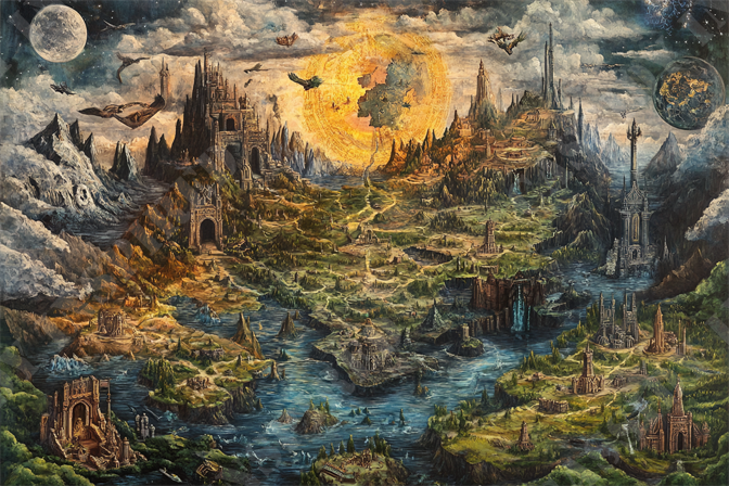 Fantasy World Map - This captivating fantasy map artwork features a sprawling and detailed mythical landscape filled with towering castles, diverse terrains, and lush forests. There are majestic mountains on the left side, dotted with snowy peaks, and a myriad of grand structures, including elaborate temples and fortresses. The centerpiece is a radiant sun with intricate designs, projecting an ethereal glow over the land, while a moon and another celestial body float in the sky, enhancing the otherworldly feel. Various flying creatures and airships navigate the skies above the enchanted realm, adding a sense of adventure and fantasy. Rivers and lakes wind through the terrain, connecting different regions and creating a sense of vastness and exploration. Prominent keywords: fantasy map, mythical landscape, towering castles, diverse terrains, lush forests, majestic mountains, snowy peaks, grand structures, elaborate temples, radiant sun, ethereal glow, celestial bodies, flying creatures, airships, enchanted realm, rivers, lakes, adventurous, exploration.