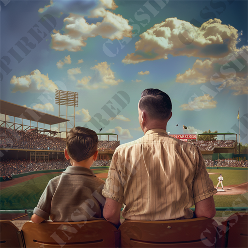 Father-Son Memories - The image captures a nostalgic scene at a classic baseball game, portraying a young boy and an adult male—presumed to be his father—seated in brown stadium seats. The duo, seen from behind, watches intently as a baseball player is about to pitch on a well-maintained field. They are dressed in vintage-inspired attire, suggesting the scene might be set in the mid-20th century. The stadium is bustling with a large crowd of spectators under a vivid, blue sky punctuated by fluffy, white clouds.

Prominent features in the image include the green baseball field, crowded grandstands, wooden stadium seats, and old-fashioned clothing styles—specifically the father's slicked-back hair and striped shirt. Accents like flying birds and a vintage advertisement hanging on the stadium fence reading "SPARSO'SI" add to the period feel of the setting. The ambiance conveys a moment of bonding and shared interest, likely during a significant game, as suggested by the excitement in the stands and the focus of the subjects on the ongoing play.

Keywords that stand out for SEO in this description include nostalgic, baseball game, vintage, stadium, father and son, mid-20th century, baseball field, spectators, old-fashioned clothing, bonding, sports event, wooden seats, and summer day. This mixture of keywords efficiently ties together the elements of sports, family, and historical aesthetic present in the image.