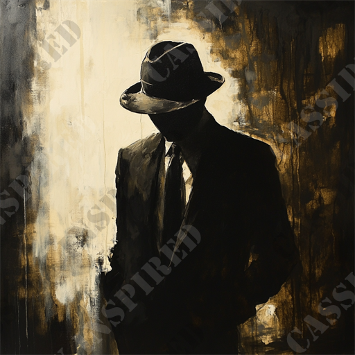 Fedora Mystery - The image portrays a captivating silhouette of a mysterious man wearing a fedora and a suit, exuding an enigmatic aura. The background is a mix of abstract tones in black, white, and sepia, creating a dramatic contrast with the dark figure. The light source seems to be behind the man, accentuating the shadowy contours and adding depth to the scene. This evocative artwork captures elements of noir style, evoking a sense of intrigue and suspense. Keywords associated with this image include silhouette, mysterious man, fedora, suit, noir style, dramatic contrast, abstract background, shadowy contours, enigmatic aura, and evocative artwork.