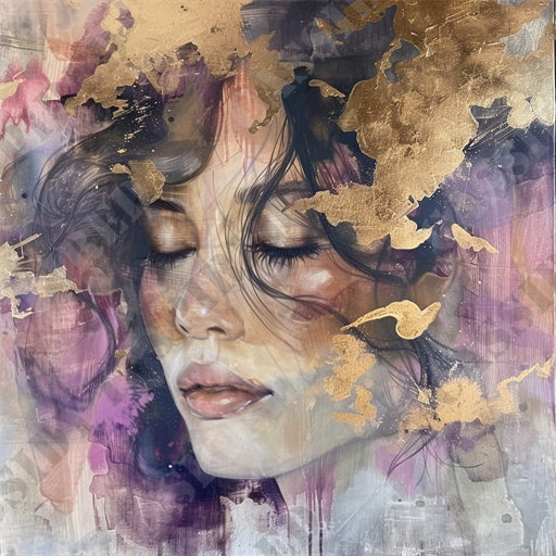 Feminine Will - This artwork features a serene portrait of a woman with closed eyes, encapsulated in a dreamy and ethereal atmosphere. The composition prominently showcases her face, delicately shaded with soft hues of purple, pink, and white, and intricate, flowing black hair. The abstract background features gold leaf accents, adding a touch of elegance and contrast to the piece's overall texture and depth. Brushstrokes and splashes of paint blend seamlessly, creating a fluid, contemporary art style. Keywords: portrait, woman, ethereal, abstract, contemporary art, gold leaf, dreamy, serene, soft hues, brushstrokes, texture, elegance, depth, pink, purple, black hair, closed eyes, serene expression, artistic, feminine beauty.