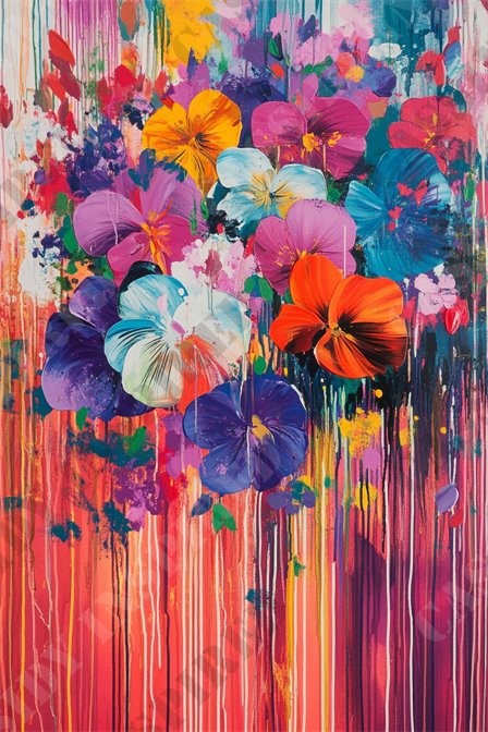 Floral Explosion - This vibrant piece of abstract art features an explosion of colorful flowers against a dynamic, multicolored backdrop. The artwork blends shades of blue, purple, orange, red, pink, and yellow, creating a lively palette that captures the eye. The flowers are elaborately textured with expressive brushstrokes, giving them a three-dimensional feel that pops out from the canvas. Bold drips of paint cascade down from the flowers, adding an element of fluidity and movement to the composition. This painting is a beautiful example of contemporary floral art, perfect for anyone looking to add a splash of color and energy to their decor. Keywords: abstract art, colorful flowers, multicolored backdrop, expressive brushstrokes, vibrant painting, contemporary floral art, home decor, vibrant palette, fluidity in art, dynamic composition.