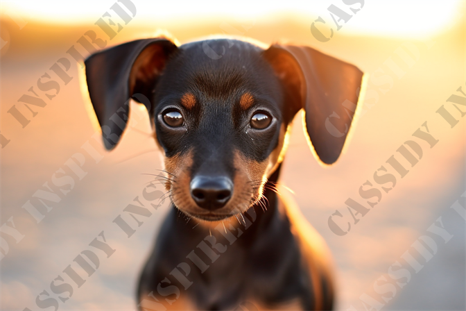 Forever and Loyal Love - This captivating image features a close-up of a young black and tan dog, possibly a Chihuahua or a miniature pinscher, set against a softly blurred sunset backdrop. The golden hour light beautifully highlights the glossy texture of the dog's coat and the subtle sheen in its attentive eyes. The animal's gaze is directed straight towards the camera, giving the photograph a poignant, soulful quality that captures the essence of canine fidelity.

The composition emphasizes the dog's delicate facial features, including its pointed ears and the slight whiskers that frame its muzzle. The shallow depth of field focuses sharply on the dog's face while the background dissolves into a warm, amber glow, enhancing the overall serenity and warmth of the scene.

Perfect for animal lovers, this image keywords include: black and tan dog, close-up, pet photography, sunset, golden hour, canine, small dog, poignant, glossy coat, and soulful eyes. Ideal for usage in articles about dog breeds, pet care, or the emotional bonds between humans and their pets, this image truly captures a serene yet expressive moment.