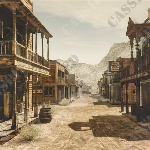 Forgotten Past - This meticulously rendered image captures the essence of an Old West ghost town, set against a backdrop of soaring, rugged mountains. The scene is bathed in a warm, golden glow, suggesting a sunny day with clear skies. The deserted town features a dusty main street flanked by two-story wooden buildings with prominent architectural details such as balconies, porches, and traditional western signage. Notable structures include a "Hotel", "Blacksmith", "Saloon", and "Telegraph Office", evoking the bustling life of a bygone era now silent and still.

Desert plants like tumbleweeds and sparse grasses dot the landscape, enhancing the authentic atmosphere of abandonment and decay. Wooden barrels, a wagon wheel, and a horse trough are visible, providing small but significant reminders of daily life in this once-thriving community. The ghost town, with its detailed and realistic portrayal, serves as an excellent subject for enthusiasts of history, architecture, and photography, as well as a poignant reminder of the transient nature of frontier settlements.

Key SEO keywords for this image include: Old West ghost town, deserted town, historical architecture, western buildings, wooden structures, sunny day, rugged mountains, western signage, historical reenactment, desert landscape, ghost town photography, Old West history, atmospheric scenes, abandoned places, western nostalgia, 19th century buildings, vintage American towns, and historical preservation.