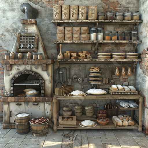 French Bakery Charm - This image depicts a rustic, traditional bakery setup within an old brick building. It features a prominent brick oven with a metal chimney and a slightly arched opening through which a loaf of bread can be seen baking. The ambiance is enriched by the natural light filtering in, casting soft shadows and highlighting the textures of various bakery items and tools.

The scene is well-organized with multiple wooden shelves carrying an array of bakery essentials. There are neatly aligned rows of canisters labeled with decorative script, baskets filled with different types of bread like baguettes and round loaves, and an assortment of baking tools including rolling pins, dough scrapers, and cookie cutters. Additionally, there are several containers and open sacks containing flour and grains, contributing to the authentic bakery feel.

Moreover, the setting includes a variety of baked goods displayed on shelves and a workbench, demonstrating the bakery's production capability. Nearby, there are two wooden barrels, one filled with potatoes and another with what appears to be flour or sugar, enhancing the functional aspect of the bakery. 

Visually, the combination of worn wooden elements, the rustic brickwork of the oven, and the array of baking products provides a rich, textural depth that conveys an artisanal and historic atmosphere.

Keywords to highlight for SEO would include: traditional bakery, rustic brick oven, artisan bread, baking tools, wooden shelves, bakery canisters, bread baskets, brick building, baked goods, natural light, historic bakery atmosphere, dough preparation, flour and grains, wooden barrels, baking essentials, texture and shadows in photography, old-world charm.