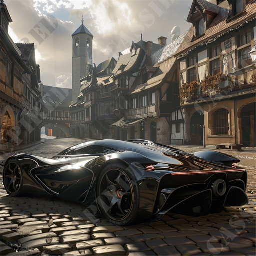 Future Meets Past - The image juxtaposes a sleek, futuristic supercar against the backdrop of a traditional European cobblestone street, lined with intricately detailed, timber-framed buildings. This visually captivating scene blends past and future, showcasing advanced automotive technology framed by historic architecture. The supercar, with its glossy black finish and fluid, dynamic lines, reflects sophistication and speed, highlighted by glowing red accents on its wheel rims and chassis, emphasizing its cutting-edge design.

Surrounding the ultramodern vehicle are charming old-world houses, possibly dating back to the medieval period, adorned with wood carvings and ornate balconies. Prominent in the background is a stout stone tower with a blue-tiled roof, typical of a Germanic or Central European town. The warm glow of the sunlight, filtering through a partly cloudy sky, enhances the contrasting textures—from the smooth, shiny surface of the car to the rough, uneven cobblestones.

The picture is a perfect visual metaphor for the convergence of time eras—high-tech and heritage. This scene targets enthusiasts of exotic automobiles, architectural beauty, and travel to picturesque, historic destinations. Keywords for SEO might include: futuristic supercar, European cobblestone street, historic timber-framed buildings, advanced automotive design, medieval architecture, exotic automobiles, travel photography, picturesque destinations, cutting-edge technology, and luxury vehicles.