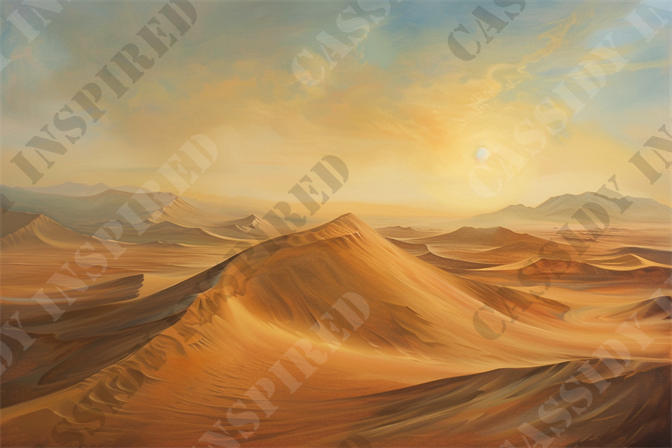 Golden Desert Dunes - This image depicts a serene desert landscape under a golden sunset, featuring rolling sand dunes that extend towards distant mountain ranges. The soft, warm hues of the dunes create a captivating contrast against the pastel-colored sky, which is streaked with light clouds illuminated by the setting sun. The sun, positioned slightly off-center, casts long shadows, accentuating the graceful curves and textures of the sand dunes. The overall scene exudes tranquility and the grandeur of nature's expansive beauty. Key search engine optimization keywords for this image include desert landscape, sand dunes, sunset, mountains, golden hour, serene nature, picturesque, tranquil scenery, warm hues, and natural beauty.