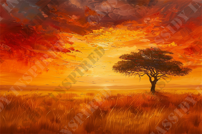 Golden Savannah Sunset - This digital artwork captures the essence of an African savannah with a solitary acacia tree set against a vibrant, fiery sunset sky. The bold use of warm colors, primarily orange, yellow, and hints of red, creates a dramatic and captivating scene. The sky is ablaze with swirling, textured clouds that add depth and motion to the image. The foreground features tall, golden grass that emphasizes the vastness and raw beauty of the landscape. This evocative landscape painting skillfully combines elements of nature, sunset, and tranquility, making it a perfect piece for themes related to African scenery, savannah, acacia tree, and sunset inspiration.

Salient keywords for SEO: African savannah, digital artwork, sunset sky, acacia tree, vibrant colors, dramatic scene, landscape painting, textured clouds, golden grass, nature, tranquility, African scenery, sunset inspiration.