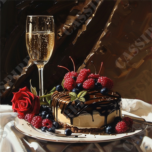 Gourmet Chocolate Dessert - The image features an elegant still life arrangement consisting of a decadent cheesecake topped with fresh raspberries, blueberries, and drizzled chocolate. Beside the cheesecake, there is a single red rose and a glass of sparkling champagne, set against a dark, richly textured background. The scene is illuminated to emphasize the glossy finish of the chocolate and the effervescence of the champagne. The white tablecloth beneath the plate adds a touch of sophistication to the presentation. Keywords: decadent cheesecake, raspberries, blueberries, chocolate drizzle, red rose, sparkling champagne, dark background, elegant still life, dessert, sophisticated presentation.