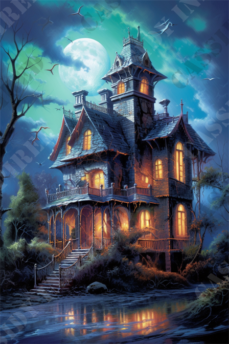 Haunted Mansion - This enchanting image features a Victorian-style haunted house set against a magical moonlit night sky. The house, poised on the edge of a murky river, exudes mystery with its multiple peaked roofs and ornate architectural details. The full moon, casting a luminous glow, illuminates the scene, creating a reflection on the water and highlighting the eerie silhouettes of circling bats. The surrounding environment is dense with overgrown plants and barren trees, enhancing the spooky atmosphere.

Key elements like the warmly lit windows suggest life within, contrasting with the otherwise dark and foreboding exterior. A wooden staircase leading to the intricately decorated porch invites curiosity about what lies inside. The scene masterfully blends elements of gothic horror with whimsical fantasy, ideal for those intrigued by supernatural settings.

Keywords that describe this image include Victorian mansion, haunted house, moonlit night, gothic architecture, supernatural, eerie, spooky, bats, full moon, reflection on water, overgrown vegetation, and fantasy landscape. This depiction is perfect for enthusiasts of ghost stories and classic horror, as well as admirers of detailed, imaginative artwork.