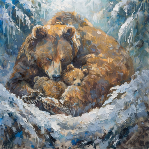 Hibernating Bear Family - This beautiful painting captures a serene winter scene featuring a mother bear and her cub nestled together in a snowy landscape. The composition includes detailed brushwork that illustrates the dense fur of the bears, adding warmth and a sense of protection amidst the cold surroundings. Icicles hang delicately from the snow-covered branches, enhancing the wintry atmosphere. The use of earthy browns and cool blues highlights the contrast between the bears and the icy environment. This artwork poignantly conveys themes of maternal love, wildlife, and nature's beauty during the winter season. Salient keywords: painting, mother bear, cub, winter, snow, icicles, brushwork, fur, protection, wintry landscape, earthy tones, cool blues, wildlife, nature, serene, artistic depiction, detailed artwork, maternal love, cold environment.