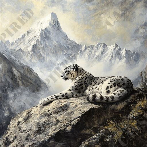 Himalayan Snow Leopard - This captivating painting features a majestic snow leopard resting atop a rugged mountain cliff. The scene is set against the breathtaking backdrop of snow-capped peaks that tower into a cloudy, atmospheric sky. The snow leopard's spotted fur blends harmoniously with the rocky terrain, highlighting its natural habitat in the high-altitude Himalayas. The composition juxtaposes the serene beauty of the apex predator with the formidable, icy mountain range, capturing the essence of wildlife in a remote and challenging environment. This artwork embodies themes of nature, wildlife, snow leopards, and mountainous landscapes, combining artistry with elements of wilderness conservation.