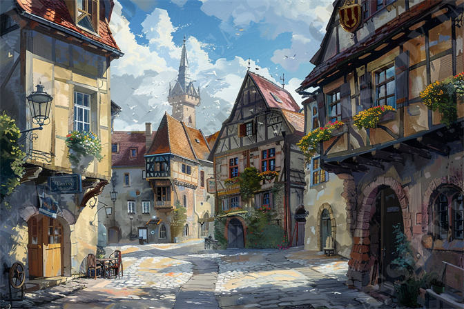 Historic Village Charm - This vibrant image captures a picturesque medieval village scene bathed in warm sunlight. Characterized by half-timbered houses with red-tiled roofs, the view includes charming facades adorned with flower boxes and hanging lanterns. The cobblestone street gently curves through the village, leading the eye toward a tall, spired tower in the background, which pierces the bright, blue sky. Outdoor seating from a quaint cafe is visible, inviting visitors to relax and enjoy the historical ambiance. The overall setting evokes a sense of serene nostalgia, making it an ideal representation of old-world European charm. Salient keywords include medieval village, half-timbered houses, cobblestone street, red-tiled roofs, flower boxes, hanging lanterns, spired tower, blue sky, outdoor cafe, and European charm.