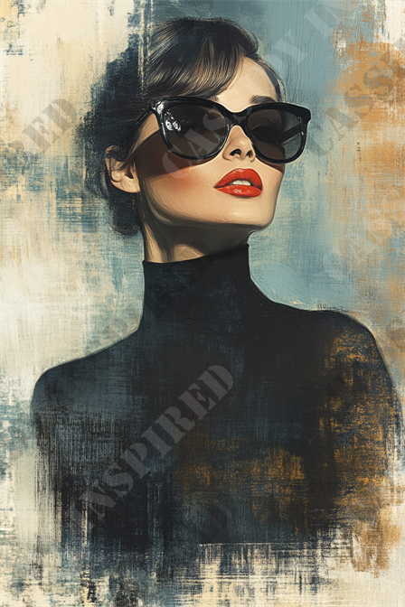 Hollywood Glamour - The image features a stylish woman depicted in a semi-abstract, painted portrait. She is wearing oversized, black sunglasses and vibrant red lipstick, exuding a classic Hollywood glamour look. Her dark hair is styled elegantly, complementing her high-neck black top. The background consists of rough, textured brushstrokes in shades of blue, beige, and orange, adding an artistic flair to the composition. Keywords include: stylish woman, black sunglasses, red lipstick, classic Hollywood, glamour look, dark hair, high-neck black top, rough textured brushstrokes, shades of blue, beige, and orange.