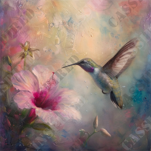 Hummingbird and Flower - The image depicts a vibrant, ethereal painting of a hummingbird hovering near a hibiscus flower. The hummingbird, with its iridescent feathers, is intricately detailed and appears to be mid-flight, drawn towards the flower's striking pink petals and prominent stamen. The background is a delicate blend of pastel hues, creating a dreamy and serene atmosphere. Subtle textures in the backdrop add to the overall artistry, making the scene appear almost otherworldly. Keywords: hummingbird, hibiscus flower, vibrant painting, iridescent feathers, pastel hues, ethereal, mid-flight, detailed, serene atmosphere, dreamy backdrop, textured background, floral bloom, nature art, botanical, colorful, artistic composition, delicate.