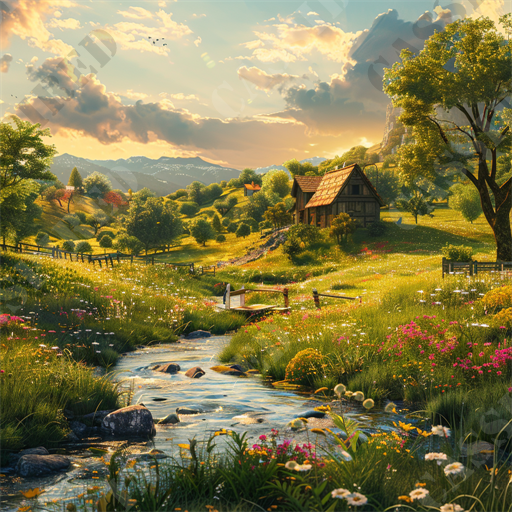 Idyllic Countryside Landscape - The image depicts a picturesque rural landscape bathed in warm sunlight, featuring a quaint, rustic cottage nestled in rolling green hills. A serene, meandering stream flows through the foreground, surrounded by vibrant wildflowers and lush greenery. The sky above is dotted with scattered clouds, allowing rays of sunlight to illuminate the scenic countryside. Trees are strategically placed, providing a natural frame for the idyllic setting. A wooden bridge crosses the stream, adding a charming, rustic element to the overall pastoral scene. Keywords: rural landscape, rustic cottage, green hills, meandering stream, wildflowers, lush greenery, sunlight, serene countryside, scattered clouds, wooden bridge.