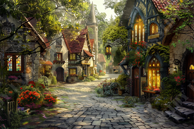 Idyllic Village Morning - The image portrays a charming, idyllic medieval village street with cobblestone pathways and quaint, half-timbered houses. Vibrant flowers in various gardens and window boxes add splashes of color, while the sun filters through the leafy canopy above, casting dappled shadows. The buildings feature ornate details like wooden shutters, stone facades, and thatched roofs, contributing to the fairytale-like ambiance. A tall, conical tower rises in the background, hinting at a castle or keep. Warm, inviting light glows from windows, suggesting cozy interiors and a welcoming atmosphere. This picturesque village scene captures a timeless and enchanting countryside setting, ideal for themes related to medieval architecture, rustic charm, and tranquil living.

Keywords: medieval village, cobblestone street, picturesque, half-timbered houses, flowers, sunlit, fairytale ambiance, stone facades, thatched roofs, conical tower, rustic charm, countryside, tranquil living, enchanting setting, warm light, garden, quaint buildings, leafy canopy, ornate details, inviting glow.