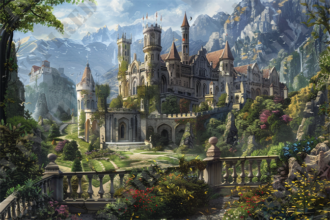 Inspired Castle Grounds - This enchanting image depicts a grand medieval castle nestled in a lush, mountainous landscape. The imposing structure, adorned with numerous towers and spires, is surrounded by verdant gardens and vibrant foliage. The castle is set against the backdrop of majestic snow-capped peaks that rise dramatically into the clear blue sky. Overgrown plants and climbing ivy add a touch of romance to the ancient stone architecture. A stately balustrade in the foreground overlooks a meticulously landscaped path leading to the castle, while distant birds soar in the sky, adding life to this fairytale setting. Keywords: medieval castle, lush gardens, mountainous landscape, grand architecture, stone towers, snow-capped peaks, climbing ivy, stately balustrade, fairytale setting, vibrant foliage.