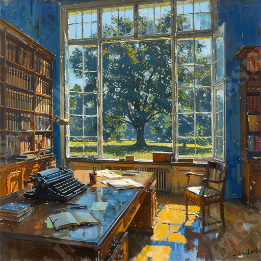 Inspiring Writer's Study - This image captures a serene and inspiring vintage study room bathed in natural light. The room features a large, prominent window that provides a picturesque view of a lush, green garden with a majestic tree, creating a refreshing backdrop. The interior is dominated by rich, warm wooden tones with a substantial, polished desk centrally positioned. On the desk, a classic black typewriter, an open book, writing tools, and scattered papers are visible, suggesting a space dedicated to literary or scholarly work. 

Bookshelves filled with numerous books line one wall, indicating a collection of knowledge and history. A comfortable wooden chair with a cushion is strategically placed near the desk, inviting one to sit and delve into work or study. The reflection of the sunny outdoors casts patterns of light and shadow across the room, enhancing the room's inviting and studious ambiance.

Keywords such as "vintage study room," "natural light," "wooden furniture," "classic typewriter," "bookshelves," "literary workspace," "scholarly environment," "green garden view," "serene interior," and "majestic tree" would be highly relevant for SEO and efficiently describe the essence and atmosphere of this tranquil workspace.