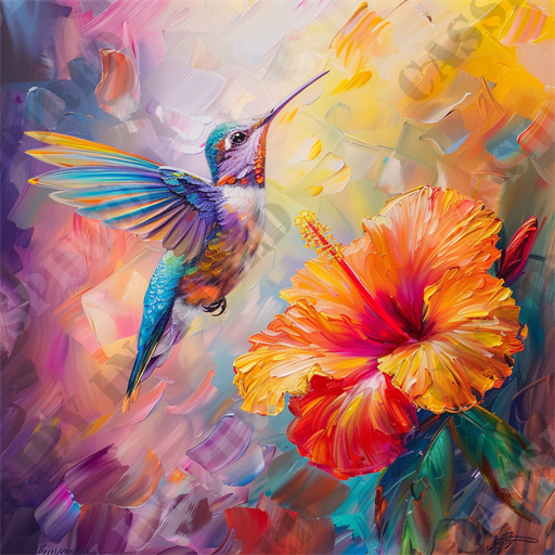 Iridescent Hummingbird - In this vibrant painting, an elegant hummingbird is captured in mid-flight as it approaches a vividly colored hibiscus flower. The hummingbird's feathers display a brilliant array of blues, greens, and purples while the hibiscus blossoms in stunning shades of orange and yellow. The background is an abstract blend of swirling pastel hues, adding a sense of motion and energy to the scene. The intricate details of the bird's wings and the delicate petals of the flower are meticulously rendered, showcasing the artist's skill. This image epitomizes the beauty of nature and the delicate balance between flora and fauna. Salient keywords include hummingbird, hibiscus, flower, painting, vibrant, colorful, abstract background, nature, wildlife, art, feathers, petals, and artist.