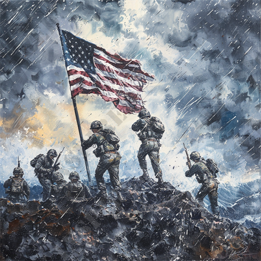 Iwo Jima Triumph - This compelling image captures a dramatic and emotive scene of soldiers raising the American flag, evoking a strong sense of patriotism and valor. The artwork is rich in detail and showcases a group of military personnel in the midst of harsh weather conditions, symbolizing perseverance and teamwork. The stormy skies filled with dark clouds and heavy rain add a powerful backdrop that contrasts sharply with the bright, waving flag, highlighting the elements of bravery and sacrifice associated with the military.

The soldiers are depicted in full combat gear, seemingly overcoming the adversities presented by their environment. The scene is dramatically rendered with a high level of realism, emphasizing the rough terrain and the gritty atmosphere. The flag stands out prominently in bold red, white, and blue colors, serving as the central focus of the composition.

Keywords essential for SEO in describing this image would include American flag, soldiers, military, patriotism, bravery, sacrifice, storm, combat gear, teamwork, and realism. This description would effectively convey the essence of the painting to a user searching for artworks that portray military themes or American patriotic symbols.

Overall, the image is a poignant representation of the spirit of resilience and unity, making it a timeless piece that resonates with themes of national pride and heroic endeavor.