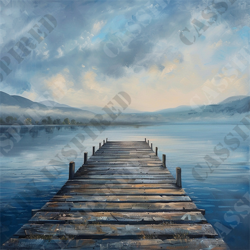 Lakeside Dock - The image portrays a tranquil lakeside scene featuring a wooden pier that extends into the calm, serene waters. The sky above is filled with soft clouds, painted in hues of blue and white, suggesting a peaceful, early morning or late evening atmosphere. In the background, distant mountain ranges and a hint of mist add depth and a sense of vastness to the landscape. The reflections of the pier and mountains on the still water create a mirror-like effect, enhancing the overall sense of tranquility. Keywords: tranquil lakeside scene, wooden pier, calm waters, serene lake, soft clouds, distant mountains, misty landscape, peaceful atmosphere, reflection, early morning, late evening.