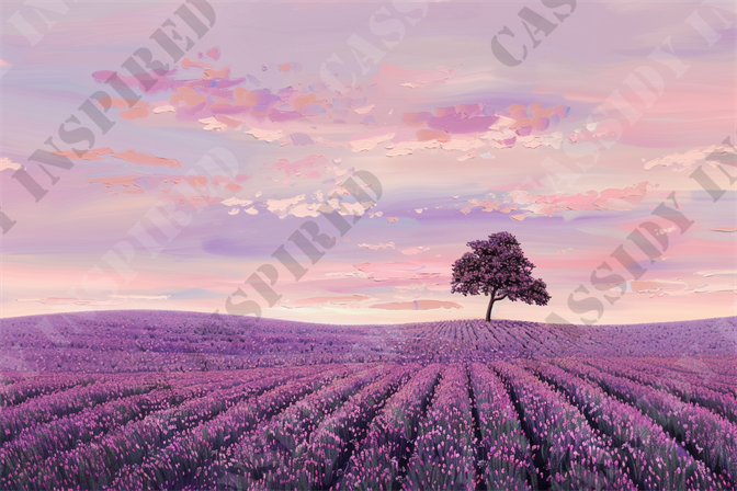 Lavender Dreamland - The image captures a breathtaking, dreamy landscape where a single tree stands amid a vast field of blooming lavender under a vividly painted sky. At sunrise or sunset, the sky boasts a palette of pink, purple, and orange hues, beautifully reflected by the scattered, fluffy clouds. This serene scene is set in a gently rolling lavender field that stretches to the horizon, emphasizing the tranquility and vastness of the open space. The lone tree, with its dense, blossom-laden branches, serves as a striking focal point in the soft, undulating terrain. The interplay of natural light and color in this landscape creates a surreal, almost otherworldly effect, making it an ideal subject for wallpapers, digital backgrounds, or relaxation visuals.

Keywords for SEO optimization would include: lavender field, breathtaking landscape, sunset colors, serene nature, vivid sky, dreamy scenery, rolling hills, blooming lavender, tranquil vista, and purple hues. These terms effectively convey the visual and emotional appeal of the image, while also enhancing its discoverability for those seeking inspiring natural landscapes or peaceful, scenic backgrounds.