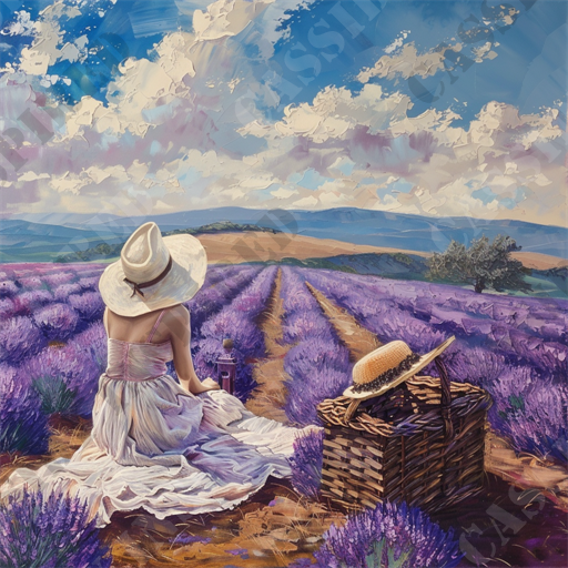 Lavender Field Picnic - The image features a picturesque scene of a young woman in a white summer dress and a wide-brimmed hat sitting in a vast lavender field. The rows of lavender extend to the horizon, creating a mesmerizing pattern of vibrant purple hues. The sky above is a brilliant blue with scattered fluffy white clouds, adding to the serene and peaceful atmosphere. A wicker picnic basket and a straw hat sit beside the woman, enhancing the tranquil, rustic charm of the scene. The rolling hills and distant mountains in the background complete this idyllic countryside setting. The image evokes a sense of calm, beauty, and escape into nature.

Keywords: lavender field, woman in dress, wide-brimmed hat, summer dress, purple lavender, blue sky, white clouds, picnic basket, straw hat, countryside, rolling hills, mountains, serene, peaceful, nature, idyllic, rustic charm, horizon, tranquil, beauty.