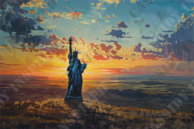 Liberty Sunset - The image depicts the iconic Statue of Liberty standing atop a hill against a breathtaking sunset backdrop. The sky is ablaze with vibrant shades of orange, red, and yellow, interspersed with scattered, dramatic clouds. The silhouette of the Statue of Liberty is prominently featured in the foreground, capturing the grandeur of this symbol of freedom and democracy. Below, the landscape stretches out into vast, open plains bathed in the warm, fading light. This picturesque scene blends elements of nature and human achievement, evoking a sense of awe and inspiration. Keywords: Statue of Liberty, sunset, silhouette, landscape, clouds, orange sky, dramatic sky, freedom, democracy, iconic monument.