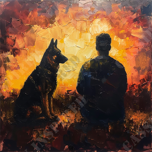 Loyal German Shepherd - This image depicts a powerful, impressionistic painting of a man and a dog sitting side by side, gazing into a vibrant, fiery sunset. The man, dressed in dark clothing, is facing away from the viewer, alongside a German Shepherd dog. The background is awash with warm, swirling hues of orange, yellow, and red, creating a sense of warmth, tranquility, and companionship. The texture of the painting is rich and expressive, with thick brushstrokes adding depth and emotion to the scene. Keywords: man, dog, German Shepherd, painting, impressionistic, sunset, companionship, vibrant, fiery, colors, texture, brushstrokes, warmth, tranquility, expressive, art.