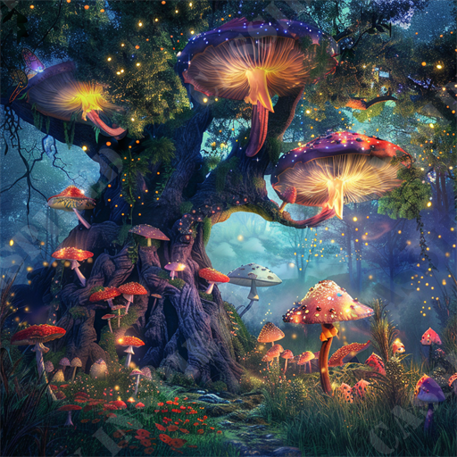 Magic Garden Forest - This enchanting image presents a mystical forest scene aglow with vivid, oversized mushrooms and an array of twinkling lights scattered like tiny stars throughout the lush landscape. The center of the image features a majestic, gnarled tree, its trunk and limbs entwined with various types of luminous fungi and smaller plants, projecting an otherworldly aura. The mushrooms vary in size and color, ranging from deep purples and fiery oranges to radiant whites, adorned with spots and glowing edges that enhance their magical appearance. A delicate mist hovers around the lower parts of the forest, softening the scene and adding a dreamy quality. Fireflies or similar glowing particles add to the enchantment, creating a sensation of gentle motion within the stillness.

Prominent keywords that encapsulate the essence of this image include: mystical forest, glowing mushrooms, enchanting scenery, luminous fungi, magical landscape, forest fantasy, oversized mushrooms, dreamy mist, twinkling lights, and mystical tree. This richly detailed image transports viewers into a fairy-tale realm, making it an ideal representation for themes related to fantasy, nature's magic, enchanting woodlands, and vibrant ecosystems. Perfect for engaging artists, nature enthusiasts, and fantasy lovers, this image brings to life an incredible vision of nature fused with a dash of the supernatural.