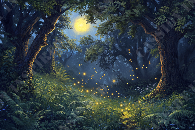 Magical Firefly Glade - This enchanting forest scene captures the tranquility of a magical woodland glade illuminated by a glowing full moon. The tall, ancient trees, dense with lush green foliage, form a natural archway over a well-trodden path. Scattered throughout the scene, countless fireflies emit a soft yellow light, creating a mystical, sparkling atmosphere. The underbrush is thick with ferns and wildflowers, adding to the verdant richness of the forest floor. This serene, fairy-tale setting evokes a sense of wonder and peace, with keywords such as night forest, moonlight, fireflies, magical woodland, lush greenery, fairy-tale, enchanted forest, nature scene, and tranquil wilderness highlighting its key visual elements.