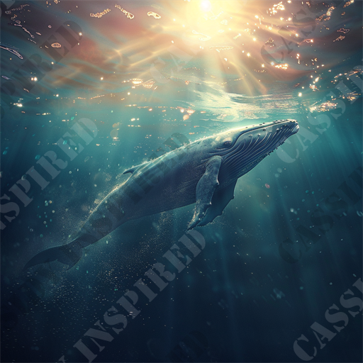 Majestic Blue Whale - This captivating image features a majestic humpback whale swimming gracefully through the ocean, illuminated by radiant sunlight streaming from above the water's surface. The whale's massive body is detailed, showcasing the textured skin and distinctive throat grooves, while bubbles surround its movement, enhancing the sense of underwater motion. Sunlight penetrates the water, casting a golden glow and creating beautiful rays of light that enhance the serene, mystical ambiance of the underwater scene. The deep blue and turquoise hues of the ocean contrast beautifully with the warm light, highlighting the tranquil yet powerful presence of the whale. Keywords: ocean, whale, humpback whale, underwater, sunlight, marine life, sea, aquatic, nature, water, wildlife, marine, majestic, serene, aquatic life, deep blue, turquoise, bubbles, oceanic, tranquility.