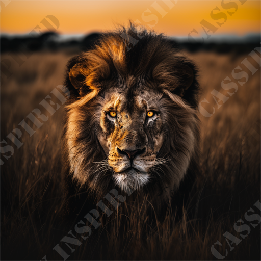 Majestic Lion Portrait - The image captures the majestic presence of a lion, positioned in a golden savannah under the warm glow of a sunset. The lion's intense gaze is emphasized by its striking golden-brown eyes, which stand out against the rich, dark mane and tawny fur. The background fades into soft focus, drawing the viewer’s attention to the vivid detailing of the lion's face, from the sharp whiskers to the subtle scars marking its snout, suggesting a life full of survival tales.

Set against an amber sky, the lion's portrait is a powerful representation of wildlife in its natural habitat, conveying a tone of serene dignity and raw power. The lighting enhances the textures of the grassy savannah, creating a dynamic contrast with the deep shadows cast across the lion's face. This detailed close-up not only highlights the beauty and grandeur of one of nature’s most formidable predators but also evokes a sense of calm and resilience.

Such a compelling visual is ideal for those interested in wildlife photography, animal conservation, and African ecosystems. Keywords that accurately describe this image include: lion, wildlife, savannah, sunset, majestic, natural habitat, conservation, predator, golden hour, intense gaze, animal portrait, ecosystem, Africa, nature, powerful, dignity, serene, photography, and resilience.